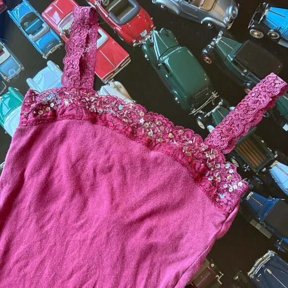 Abercrombie Vintage Camisole Tank Shelf Bra Lace Trim Burgundy / Red Sequins - Picture 3 of 6